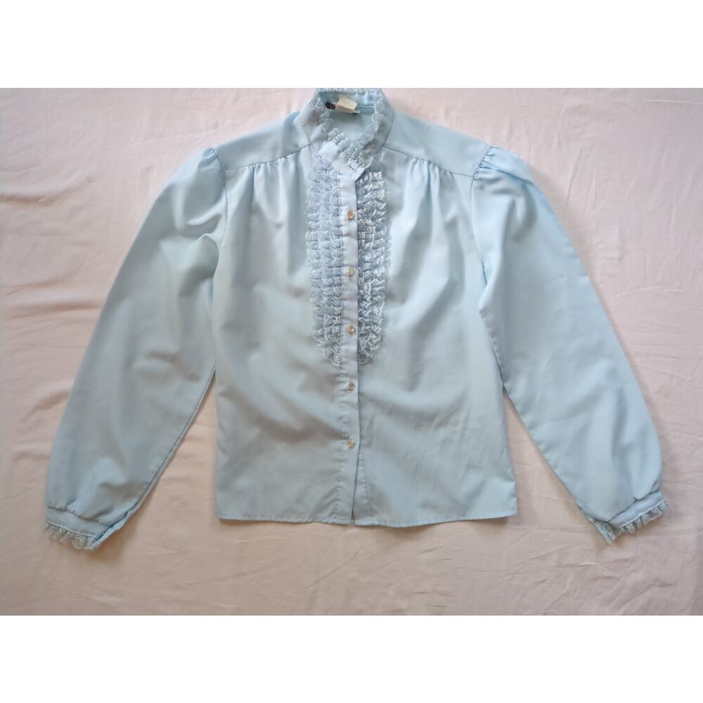 Vintage 70s Lace Lace Ruffle Liberace Blouse Soft Baby Blue Adult Small